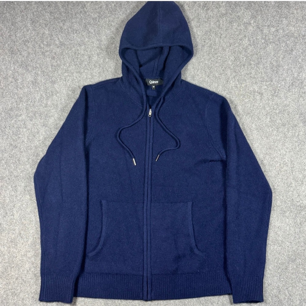 Quince Hoodie Mens Medium Navy Blue 100% Cashmere Full Zip Knit Sweater Luxury